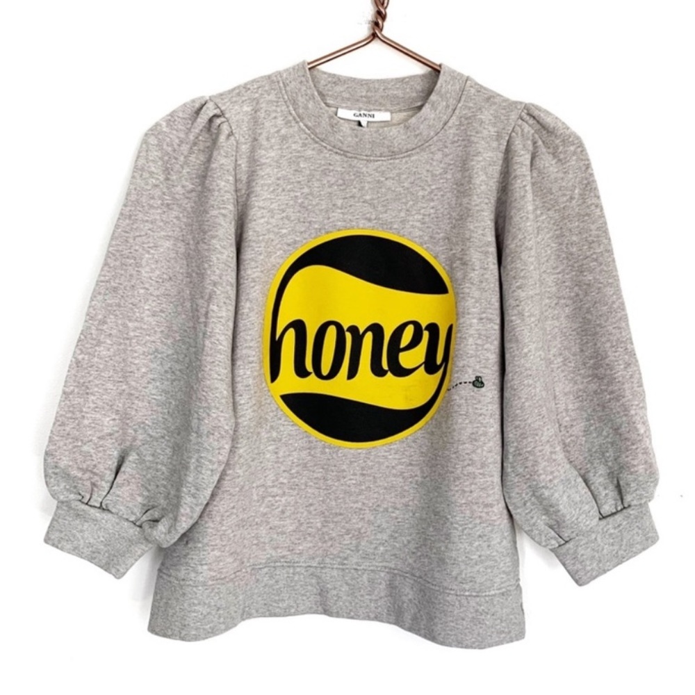 Ganni Honey Bee Cropped Puff Sleeve Gray Sweatshirt Womens Medium